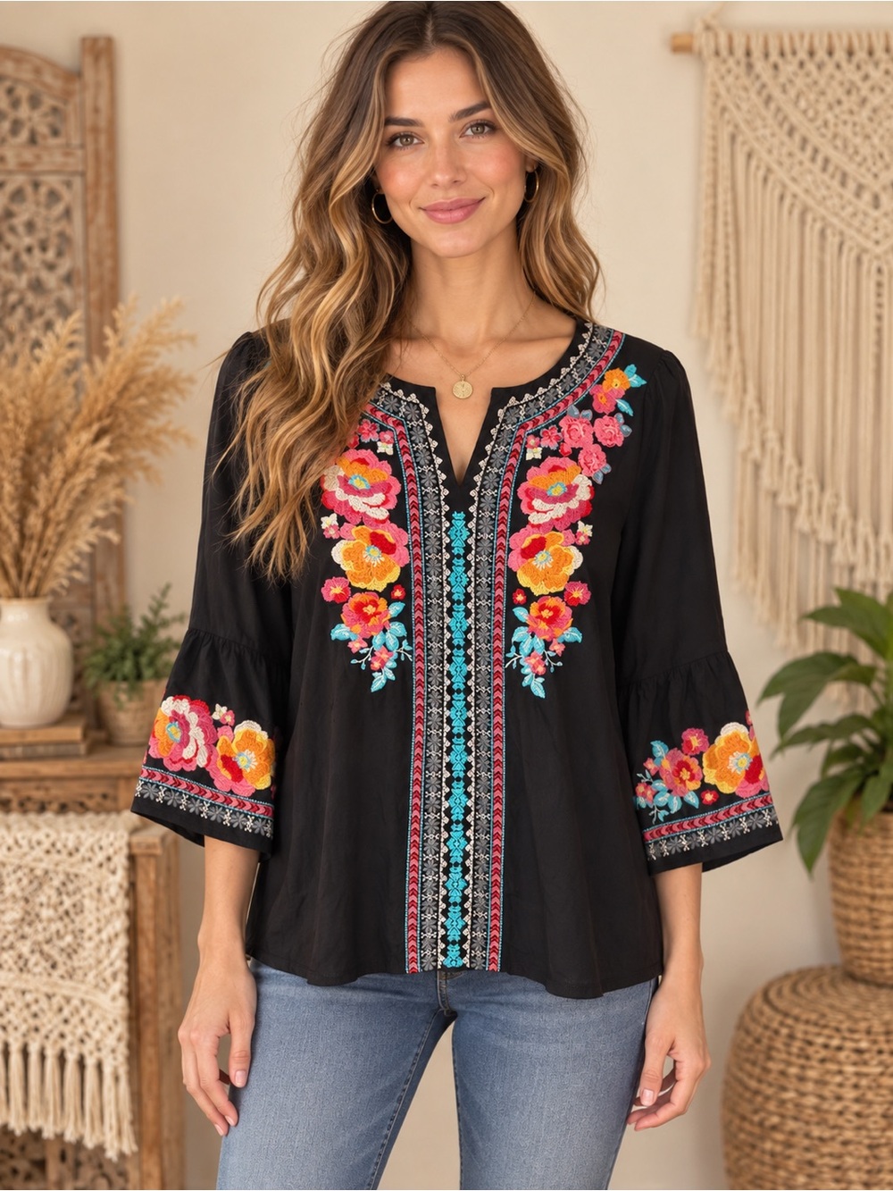 378 NWT Savanna Jane Black Tunic with Bright Floral Embroidery Size Small